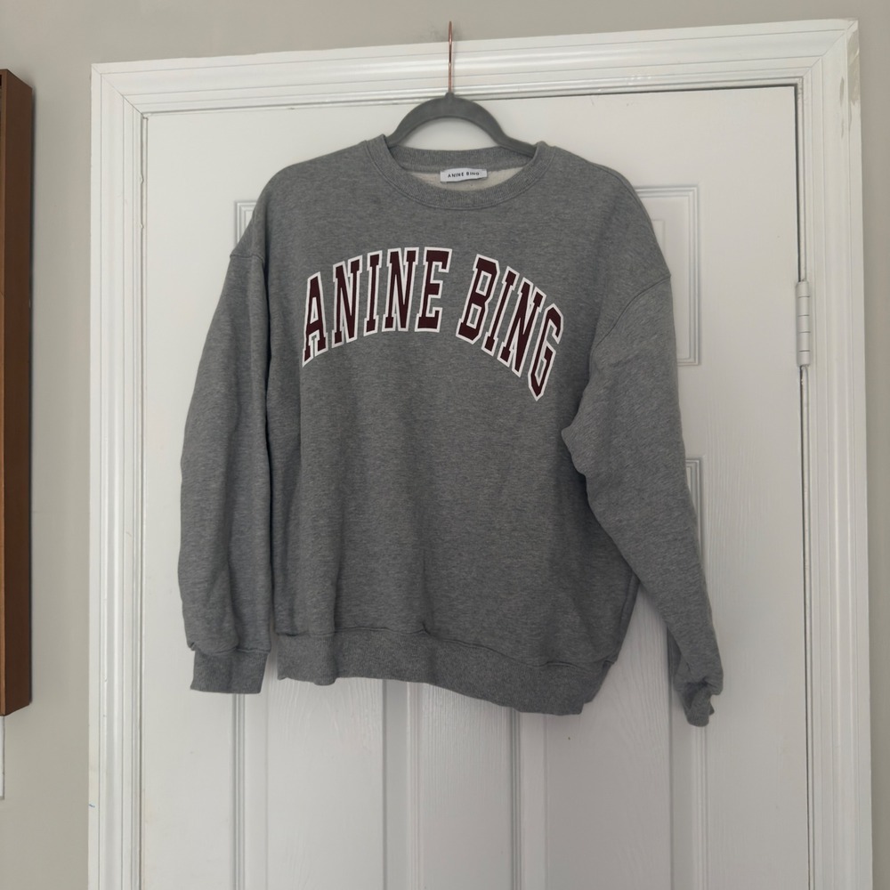 ANINE BING Spencer Sweatshirt Heather Gray Collegiate Logo Size Medium M